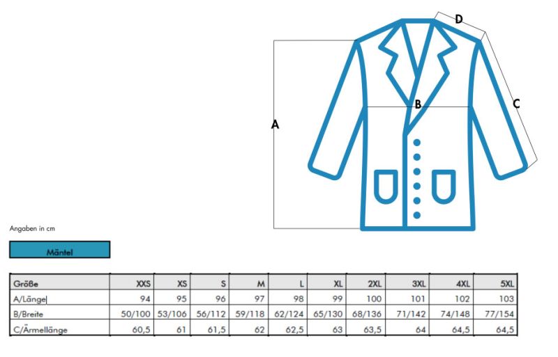 Größentabelle ESD-Arbeitsmäntel
